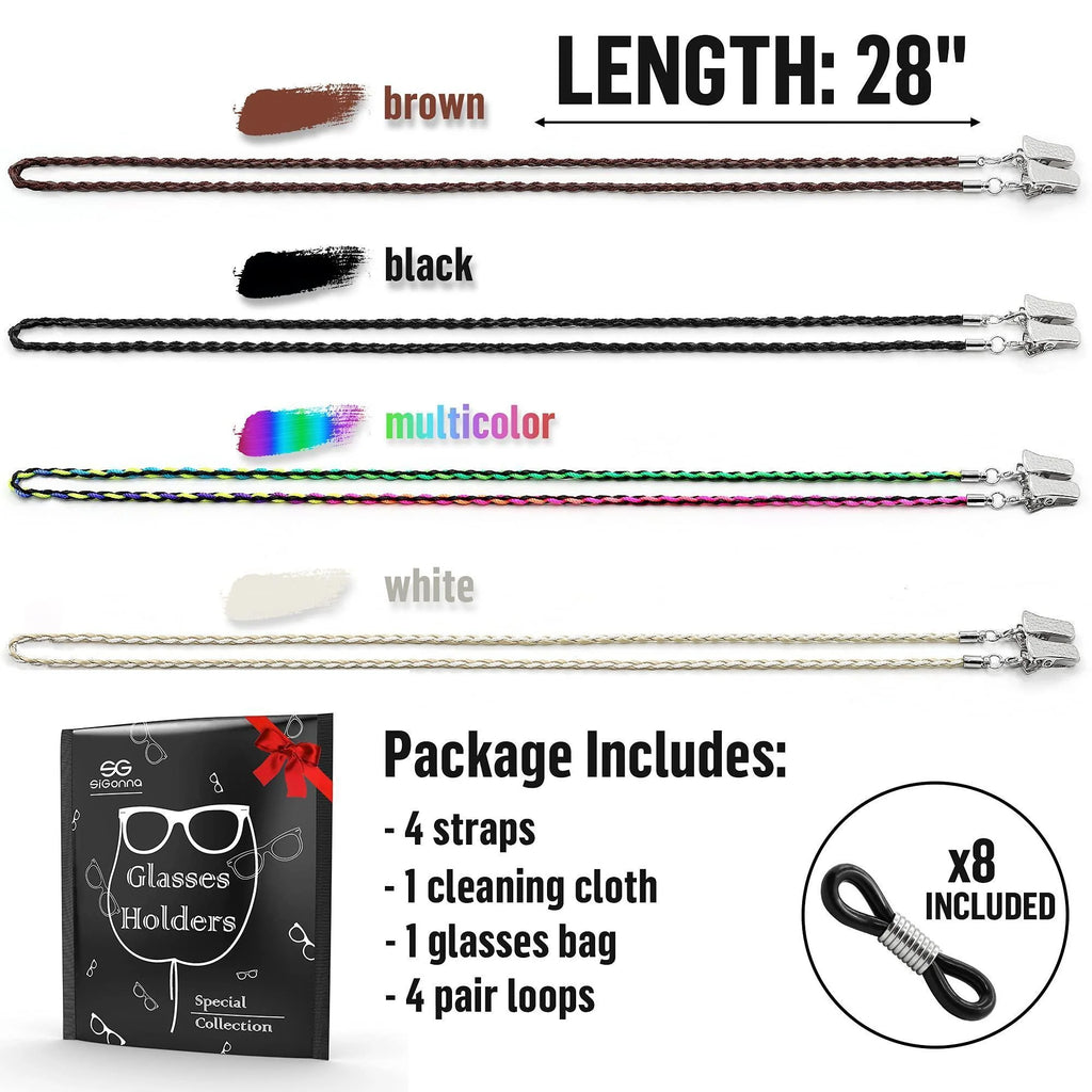 Glasses Strap Chains Premium ECO Leather Eyeglass Holder 4 Pack 28 Inch Long