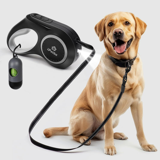 iPetba Extra Large Rechargeable Night Walk Retractable Dog Leash with LED Light Heavy Duty Dog Leash with Flashlight for Medium Large Dogs Before Sunrise Anti Slip Handle 20ft 360° Tangle Free