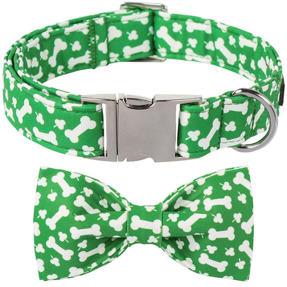 Lionet Paws St. Patrick Green Dog Collar Bone Dog Collar for Small Dogs Adjustable Cotton Clover Pet Collars Puppy Collar for Small Dogs