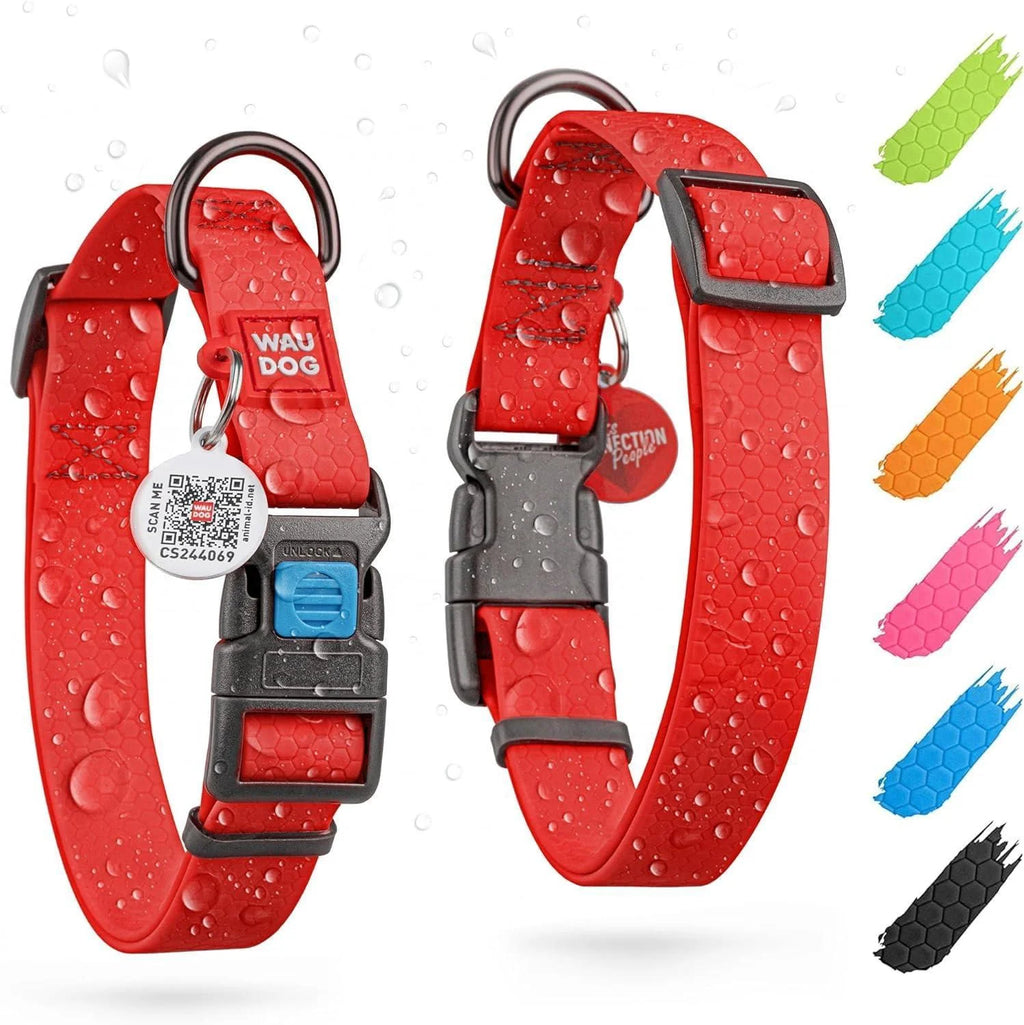 Waterproof Dog Collar 17-28 Inch Neck X 1 3/5 Inch Wide Plastic Buckle Adjustable Dog Collar for Large Dogs Small and Medium Dogs Breakaway Dog Collar Waterproof with Plastic Buckle and QR Dog Tag Boy & Girl Dog Collars (Red)