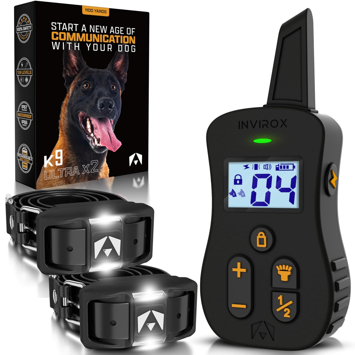 INVIROX Dog Shock Collars [Ultra K9 X2] 124 Training Levels 4 Powerful Modes with Night-Light and ¾ Mile Range 100% Safe Dog Training Collar System for Large Dogs IP67 Waterproof (Black)