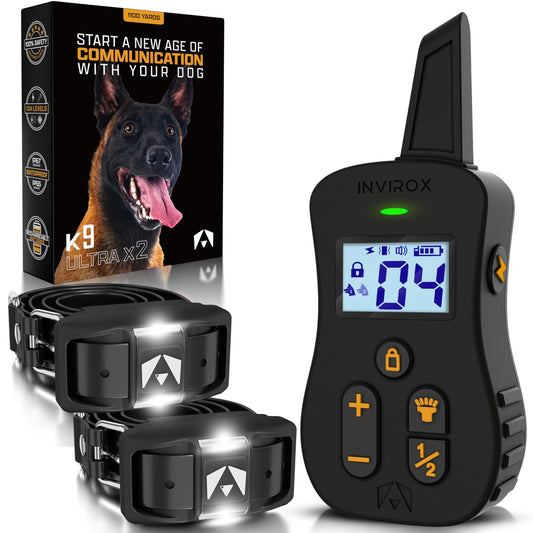 INVIROX Dog Shock Collars [Ultra K9 X2] 124 Training Levels 4 Powerful Modes with Night-Light and ¾ Mile Range 100% Safe Dog Training Collar System for Large Dogs IP67 Waterproof (Black)