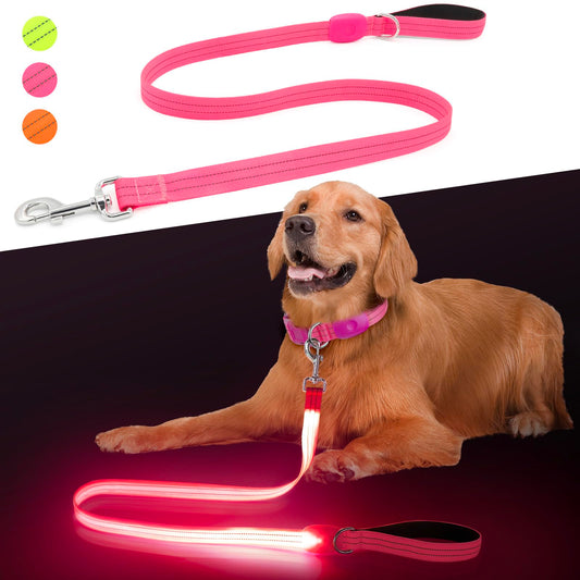 LED Dog Leash Light Up Dog Leash 4 Ft USB Rechargeable Waterproof Nylon Reflective Leashes with Padded Handle for Dogs Night Walking Light Safety Glow in The Dark for Large Medium Pets (Pink)