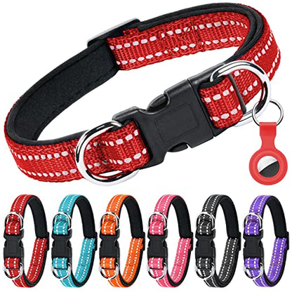 AUAUY Reflective Nylon Dog Collars Adjustable Classic Pet Collars with Soft Neoprene Padding Double Security Dual D-Ring and Quick Release Buckle for Small Puppy Medium and Large Dogs (Red-L)