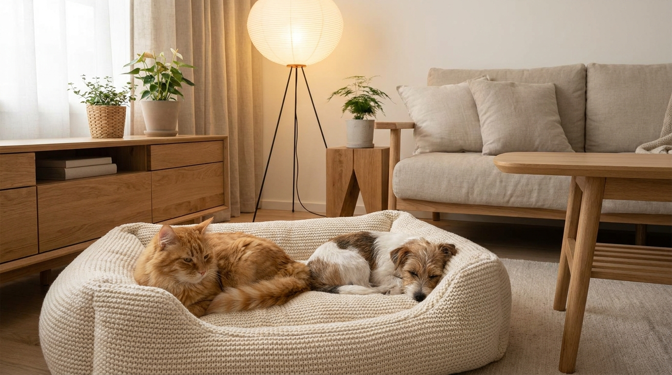 Cat and dog sleeping in pet bed - Virtual Paws